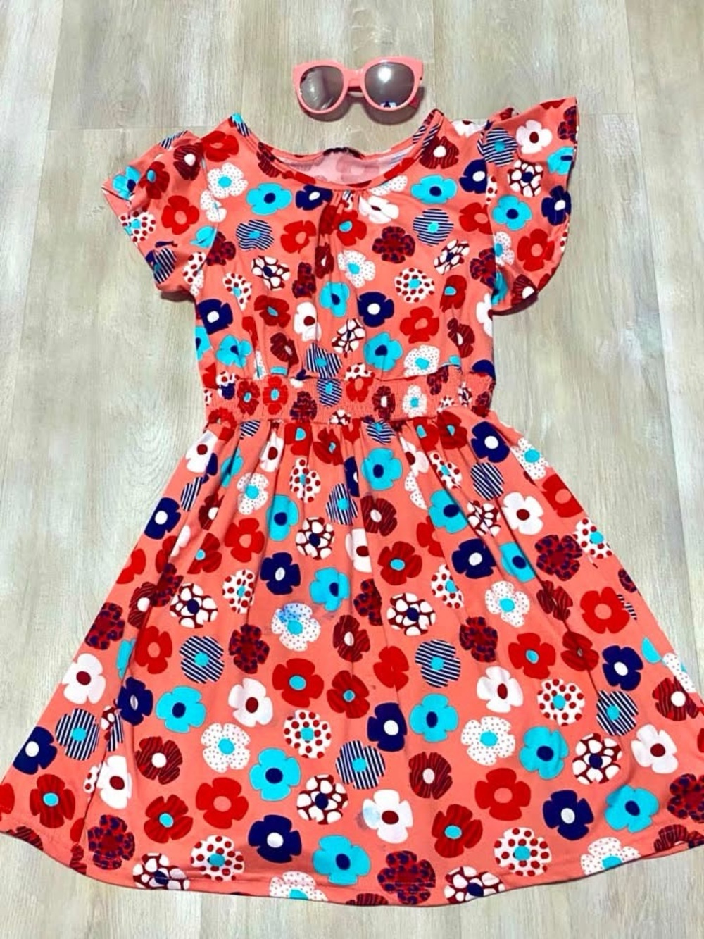 Girls' Coral Floral Sundress with Flutter Sleeves